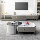 Silvery metal furniture legs supporting a low media console and coffee table