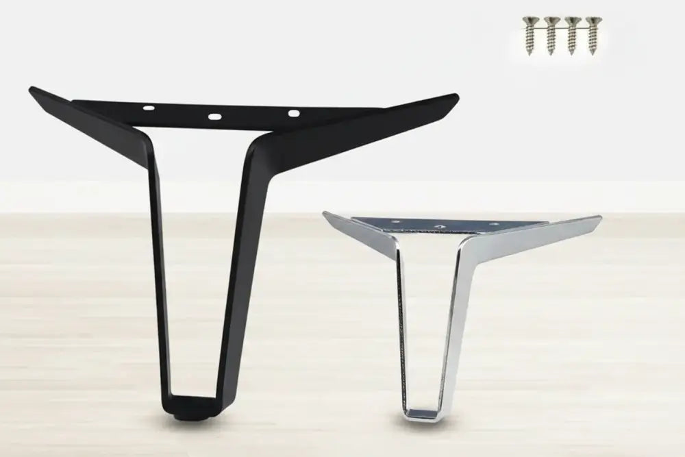 Metal furniture legs set with black and silver finishes, triangular top mount plate