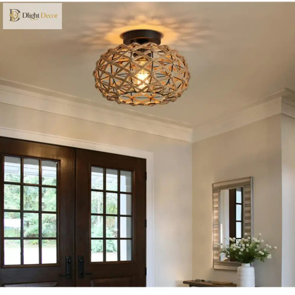 Boho Hemp Rope Cage Semi Flush Mount Ceiling Light - Rustic Elegance For Bedrooms And Beyond
