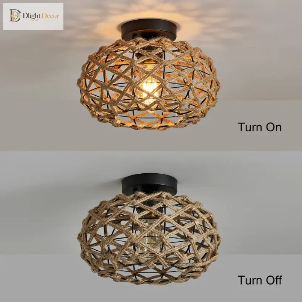 Boho Hemp Rope Cage Semi Flush Mount Ceiling Light - Rustic Elegance For Bedrooms And Beyond
