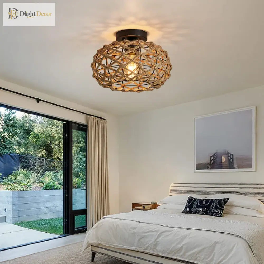 Boho Hemp Rope Cage Semi Flush Mount Ceiling Light - Rustic Elegance For Bedrooms And Beyond