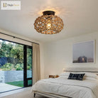 Boho Hemp Rope Cage Semi Flush Mount Ceiling Light - Rustic Elegance For Bedrooms And Beyond