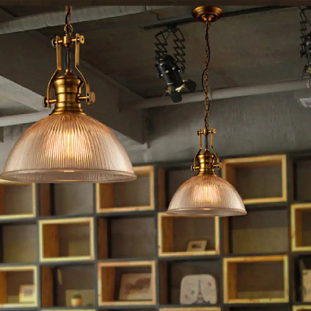 Brass Ribbed Glass Bowl Pendant Light – product view 1