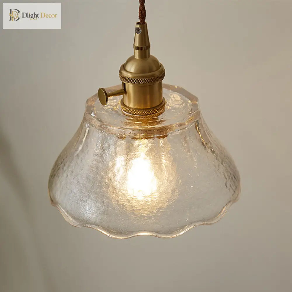 Modern Farmhouse Brass Scalloped 1 - Light Suspension Lamp With Water Glass: Hanging Light