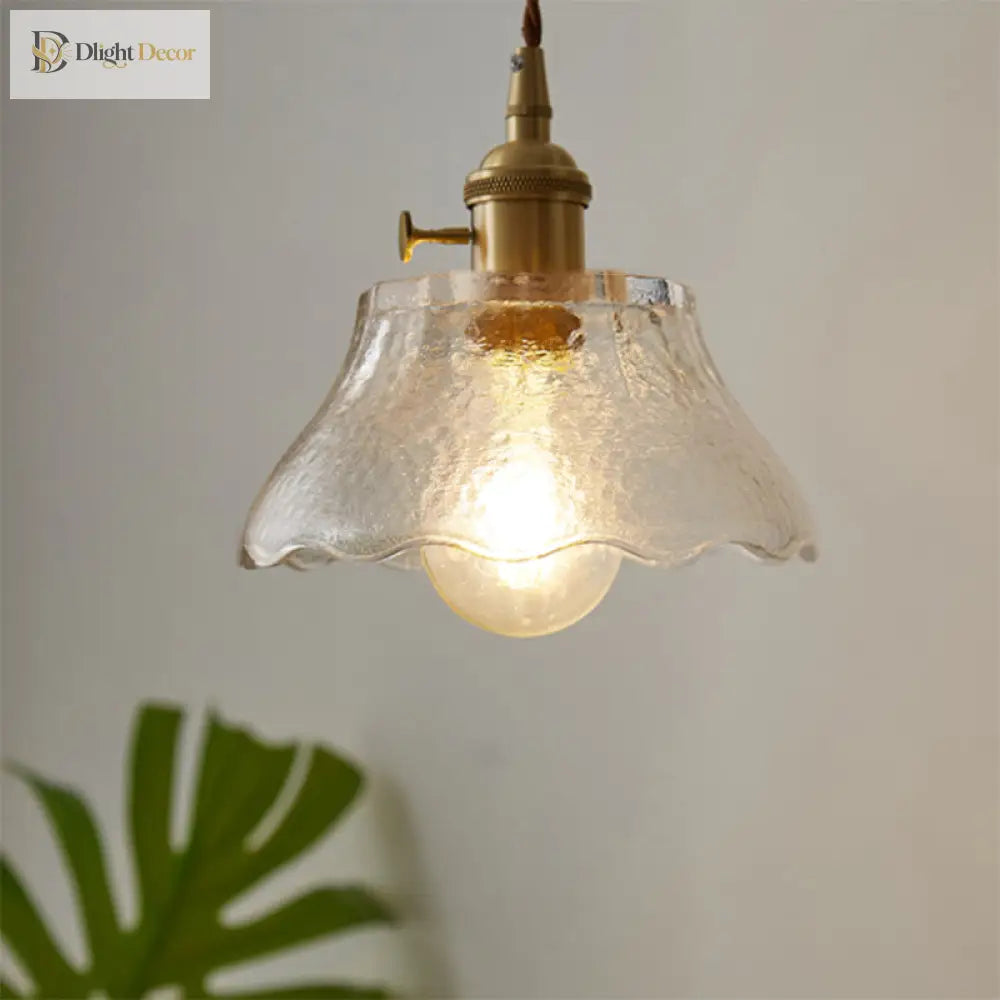 Modern Farmhouse Brass Scalloped 1 - Light Suspension Lamp With Water Glass: Hanging Light