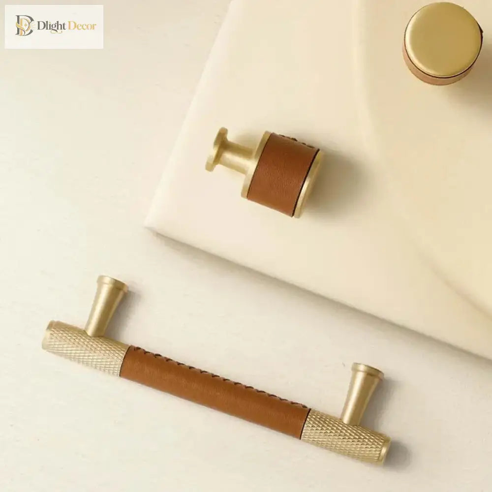 Brown/Black Leather Handles – Brass Knurled Cabinet Bar Handles and Furniture Knobs Handle