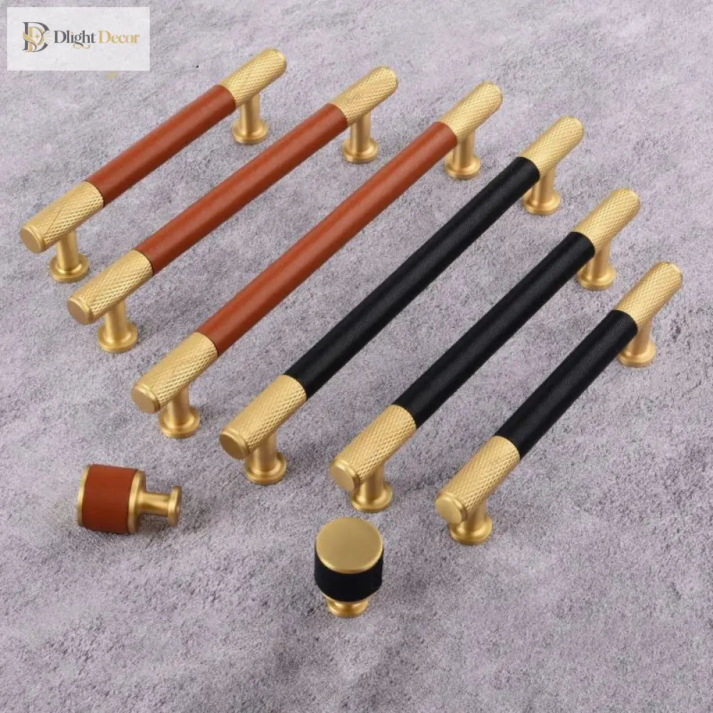 Brown/Black Leather Handles – Brass Knurled Cabinet Bar Handles and Furniture Knobs Handle