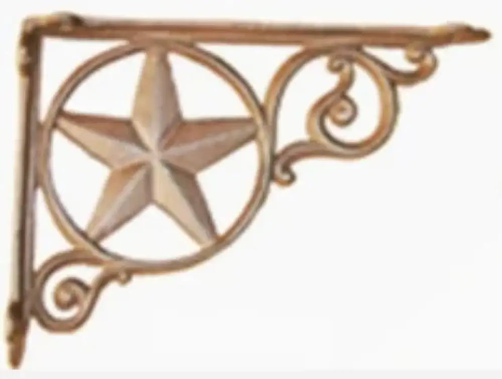 Cast iron right-angle shelf bracket with star medallion scrollwork, light bronze