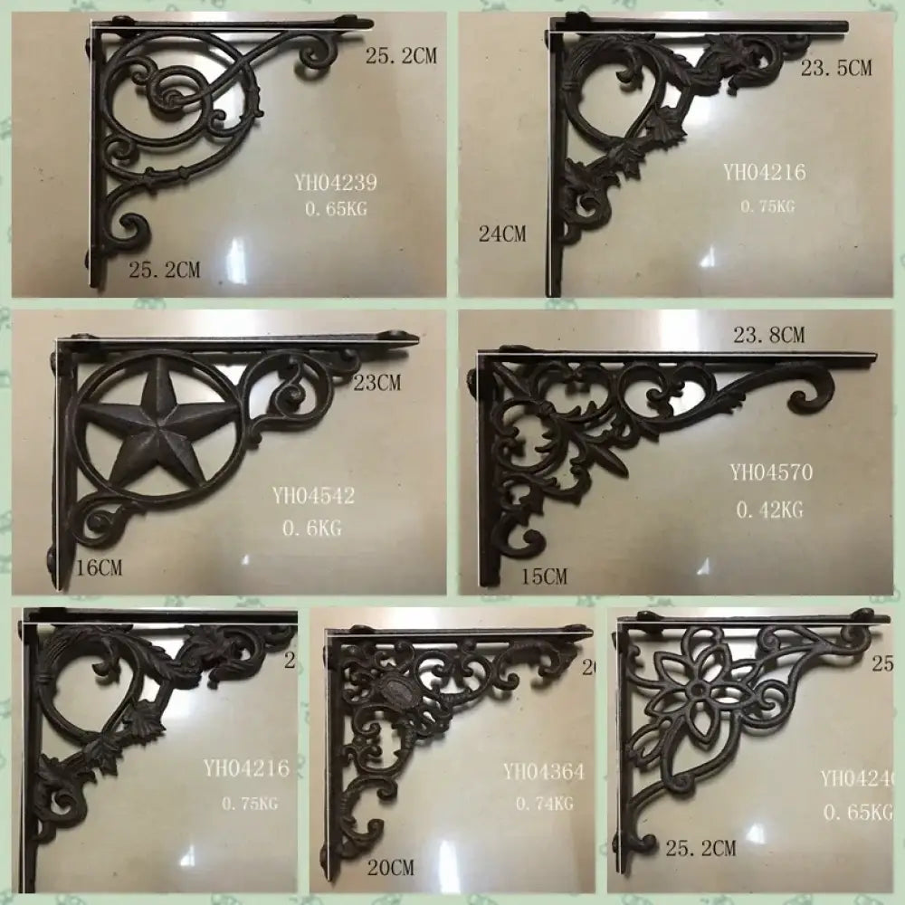 Black cast iron triangle shelf bracket with heart-and-floral scroll cutouts
