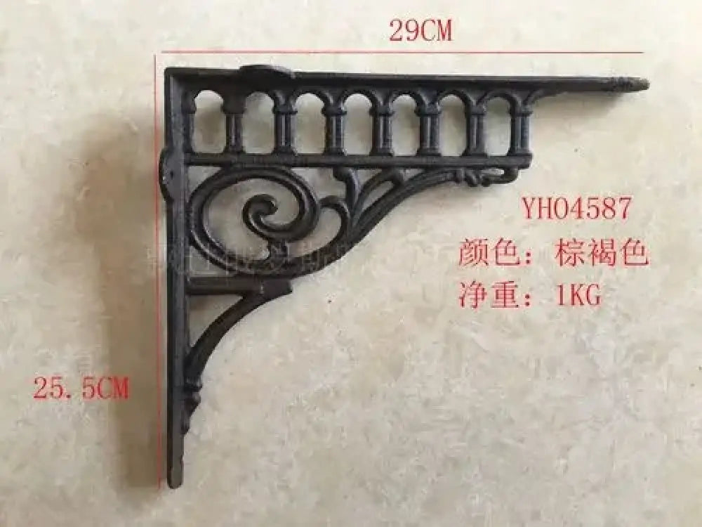Black cast iron triangle shelf bracket with arched base and top rail spindles