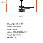 Ceiling Fans With Light Drum Style Retro Black 5 Wood Blades Reverse Dc 110V 220V Lamp Remote