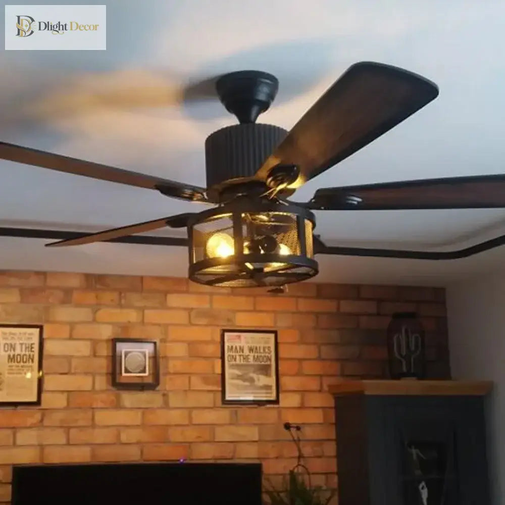 Ceiling Fans With Light Drum Style Retro Black 5 Wood Blades Reverse Dc 110V 220V Lamp Remote