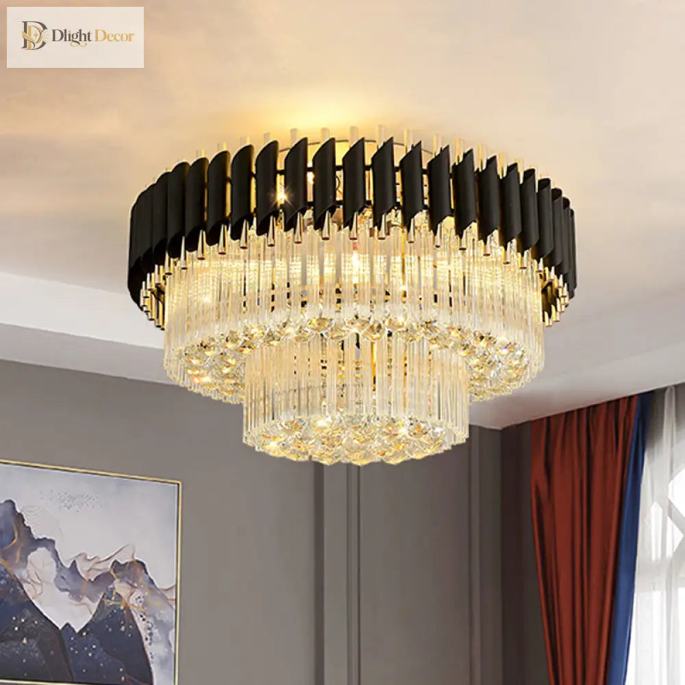 Celeste’s Cascading Crystals: Modern Black Flush Mount Ceiling Light Chandelier