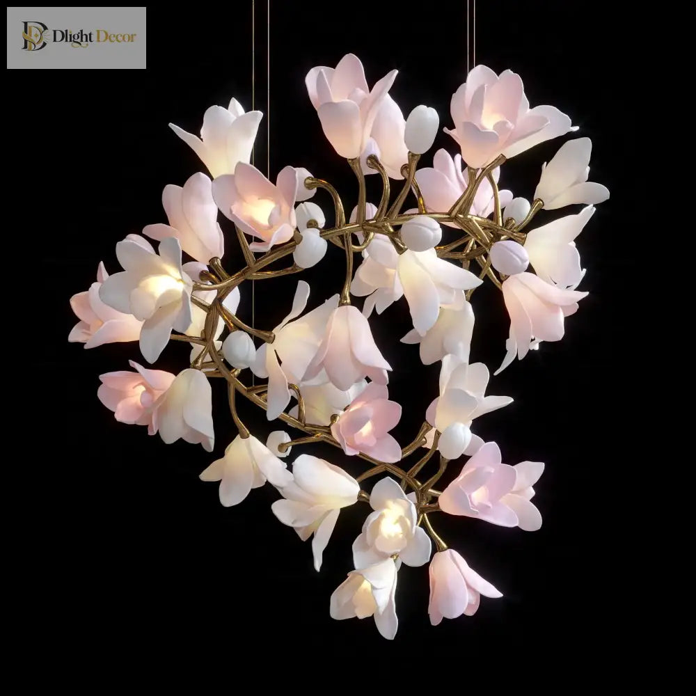 Ceramic flower chandelier with glowing white petals on antique gold metal branches