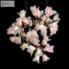 Ceramic flower chandelier with glowing white petals on antique gold metal branches