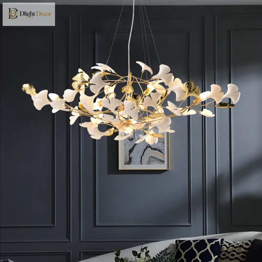 New Gold Chandelier White Ceramic Leaf Lamp Indoor Home Living Room Decorative French Luxury