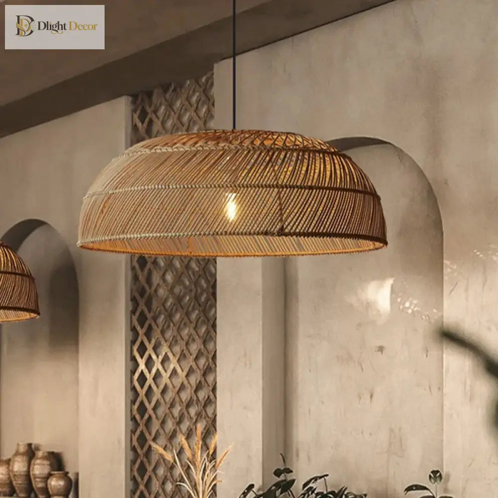 Chinoiserie Flat Rattan Pendant Light - Modern Handmade Creative Pattern Lamp For Living Rooms
