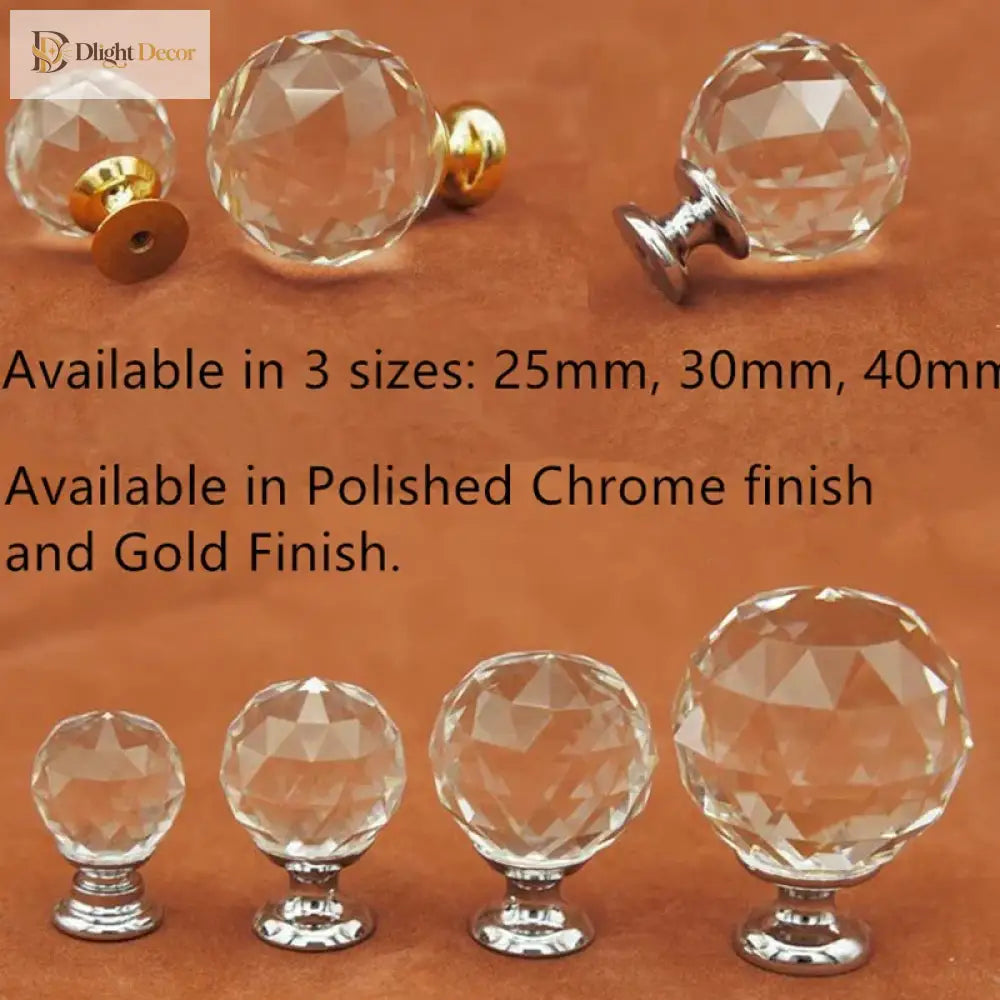 Clear Crystal Cabinet Knobs – Chrome & Gold Base Glass Drawer Pulls in 20mm 25mm 30mm 40mm Knob
