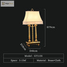 Brass LED desk lamp with beige shade and height/width measurement overlay