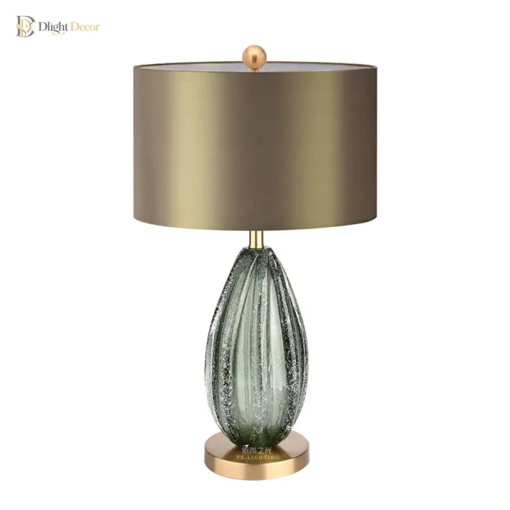 LED desk lamp with green ribbed crystal glass base and beige fabric drum shade