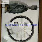 LED desk lamp packaging showing black power cord and cables inside foam inserts