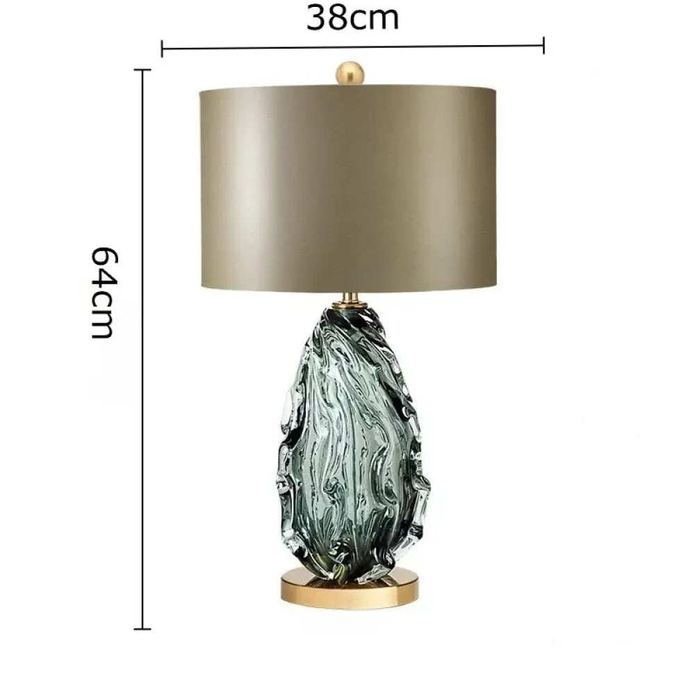 LED desk lamp with green crystal glass base and beige drum shade, 64cm height