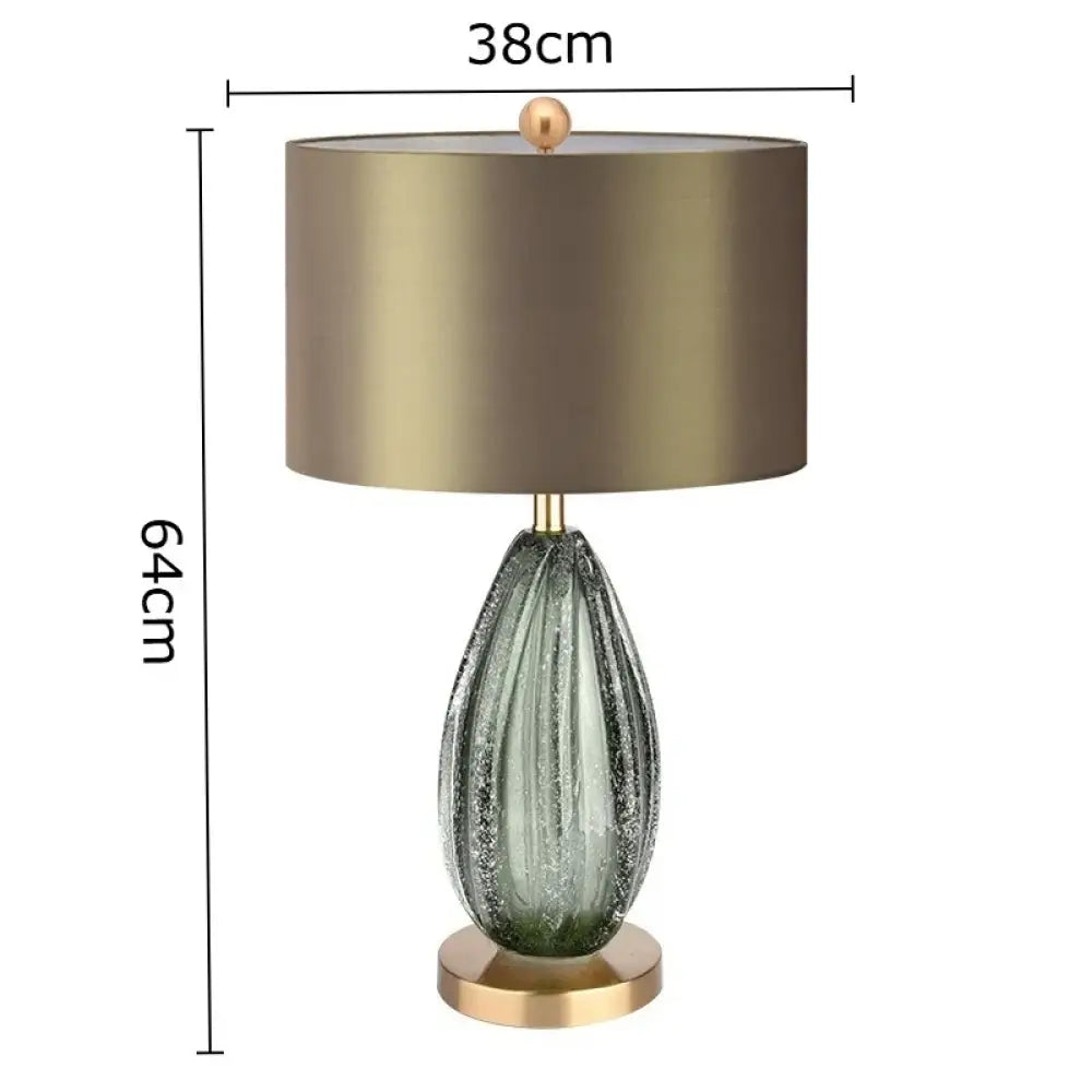 LED desk lamp with green ribbed crystal glass base and beige drum shade, 64cm height