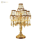 Crystal LED desk lamp on round gold base with chandelier-style shades and hanging crystal drops