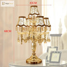 Gold crystal LED desk lamp with fabric shade chandelier design and crystal drops; 43cm tall