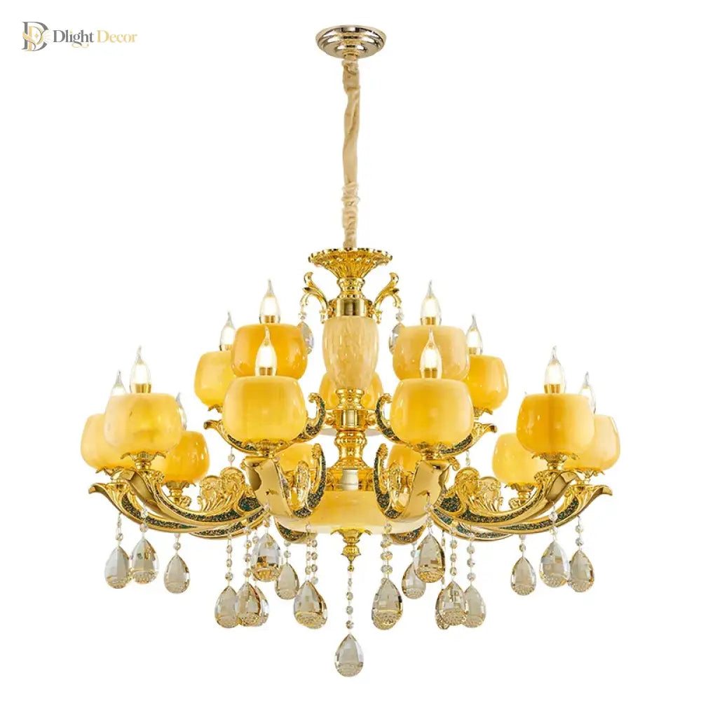European Style Jade Crystal Chandelier - Luxury Lighting With Natural Marble Accents For Dining