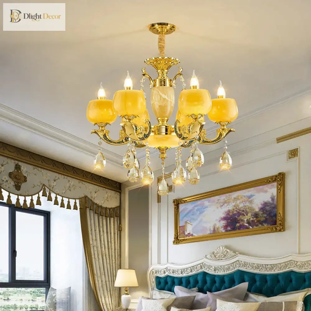 European Style Jade Crystal Chandelier - Luxury Lighting With Natural Marble Accents For Dining