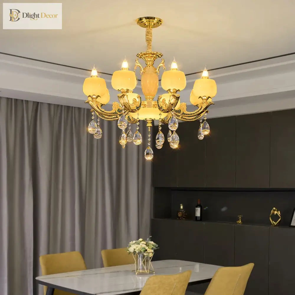 European Style Jade Crystal Chandelier - Luxury Lighting With Natural Marble Accents For Dining