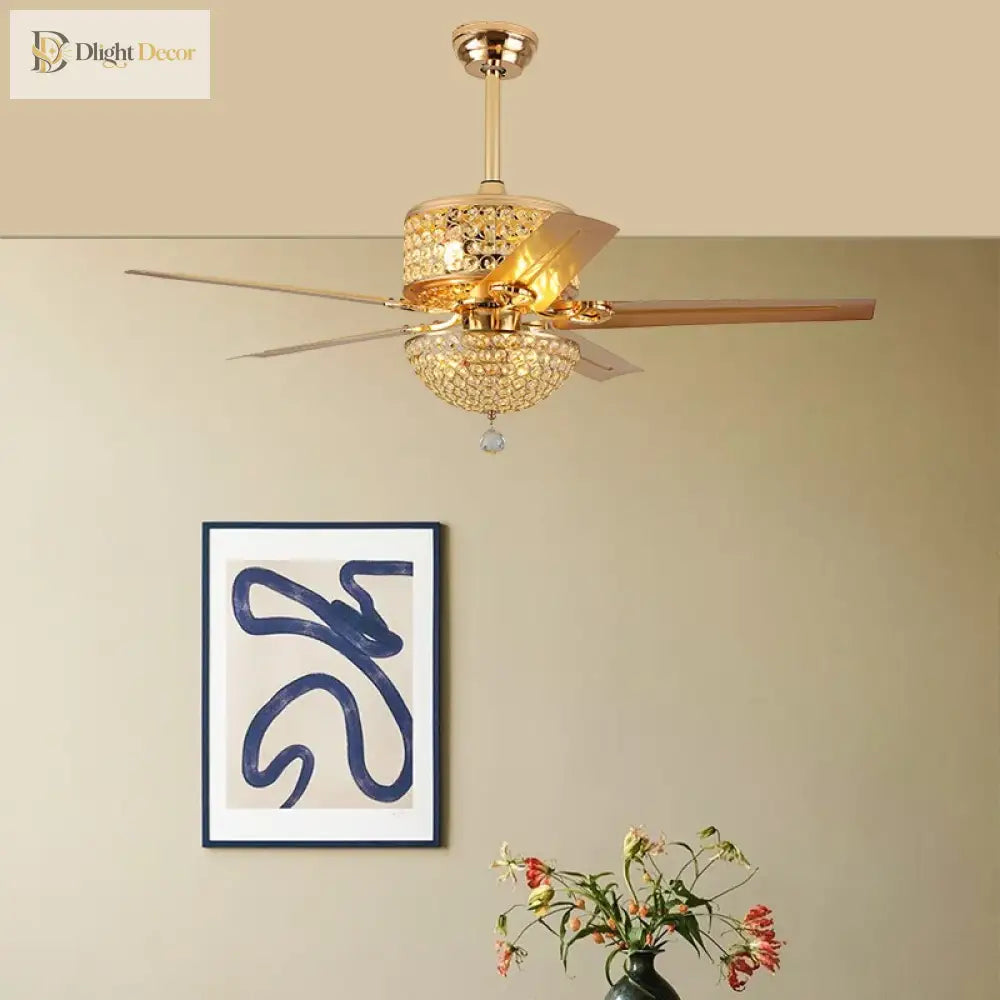 52 Inch Crystal Ceiling Fan With Lights Chrome Chandelier Remote Control Reversible Wood Blades For