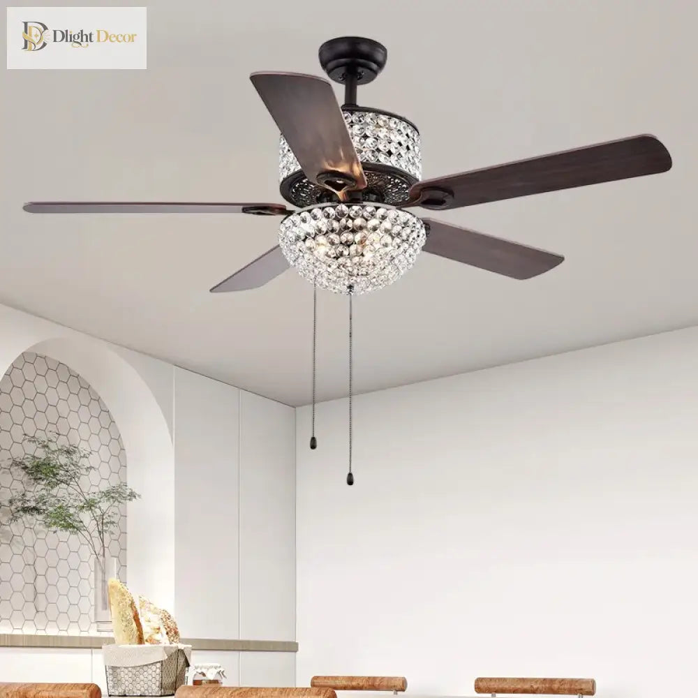 52 Inch Crystal Ceiling Fan With Lights Chrome Chandelier Remote Control Reversible Wood Blades For