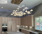 Mushroom ceramic chandelier with many glowing white caps hanging from the ceiling