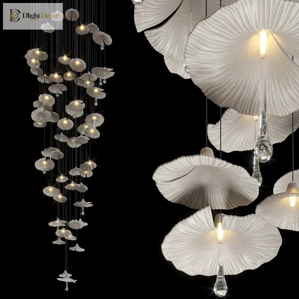 Mushroom ceramic chandelier close-up with ribbed white shades and glass crystal drops