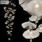 Mushroom ceramic chandelier close-up with ribbed white shades and glass crystal drops
