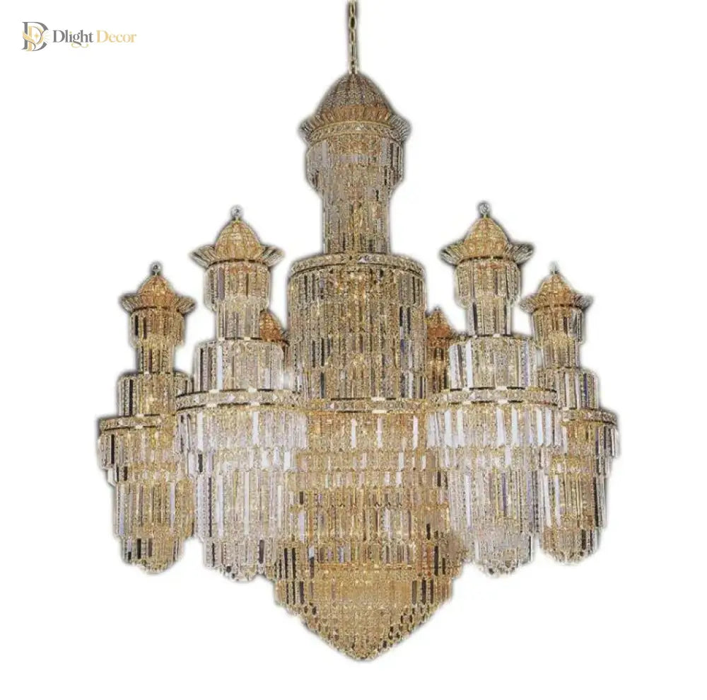 Gold crystal chandelier with layered lantern tiers and pointed finials, full front view