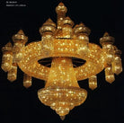 Gold crystal chandelier with wide circular ring and central pendant, sparkling crystal strands