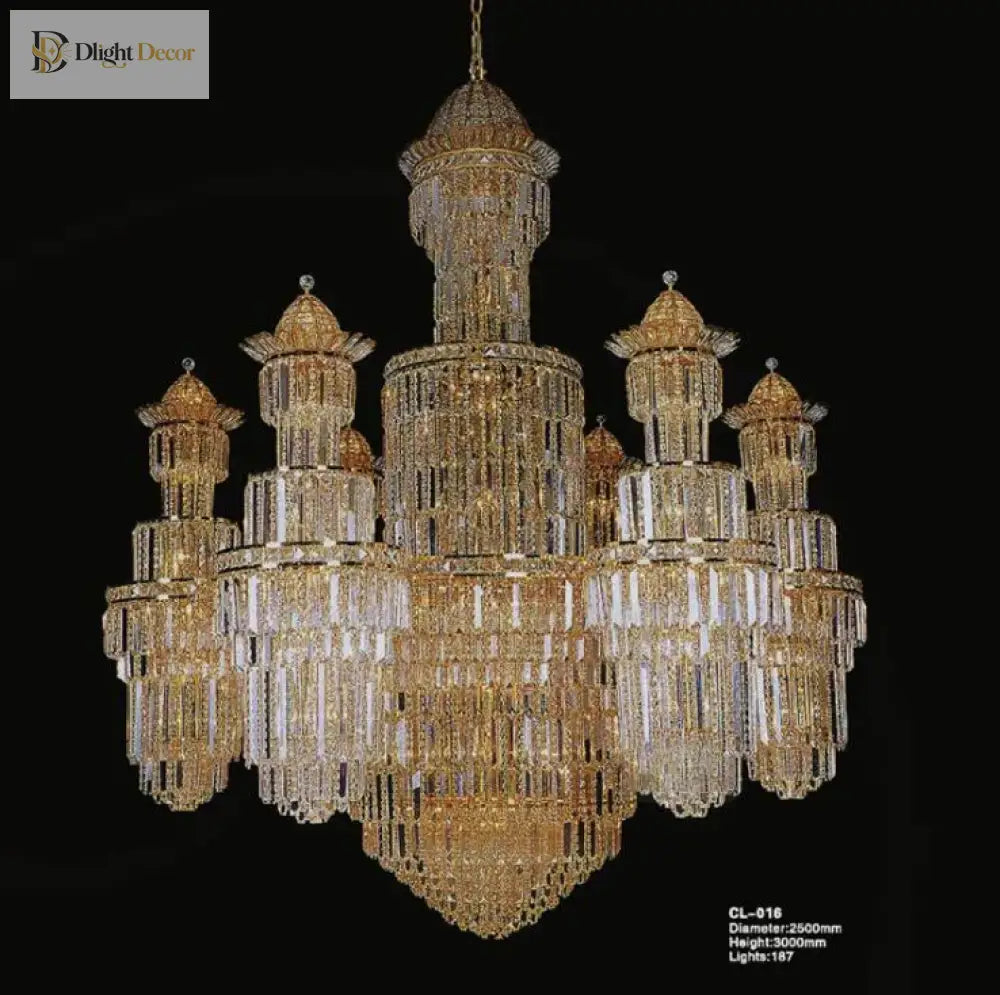 Gold crystal chandelier with tiered lantern towers and cascading crystal fringe