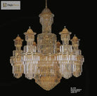 Gold crystal chandelier with tiered lantern towers and cascading crystal fringe
