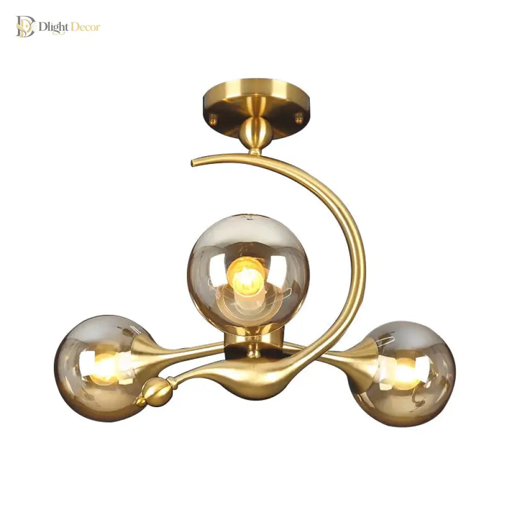 Daphne’s Mid - Century Charm: Amber Glass Orb Semi - Flush Chandelier Ceiling Light