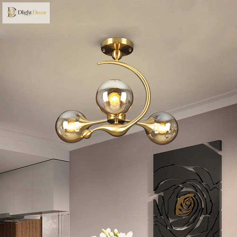 Daphne’s Mid - Century Charm: Amber Glass Orb Semi - Flush Chandelier Ceiling Light
