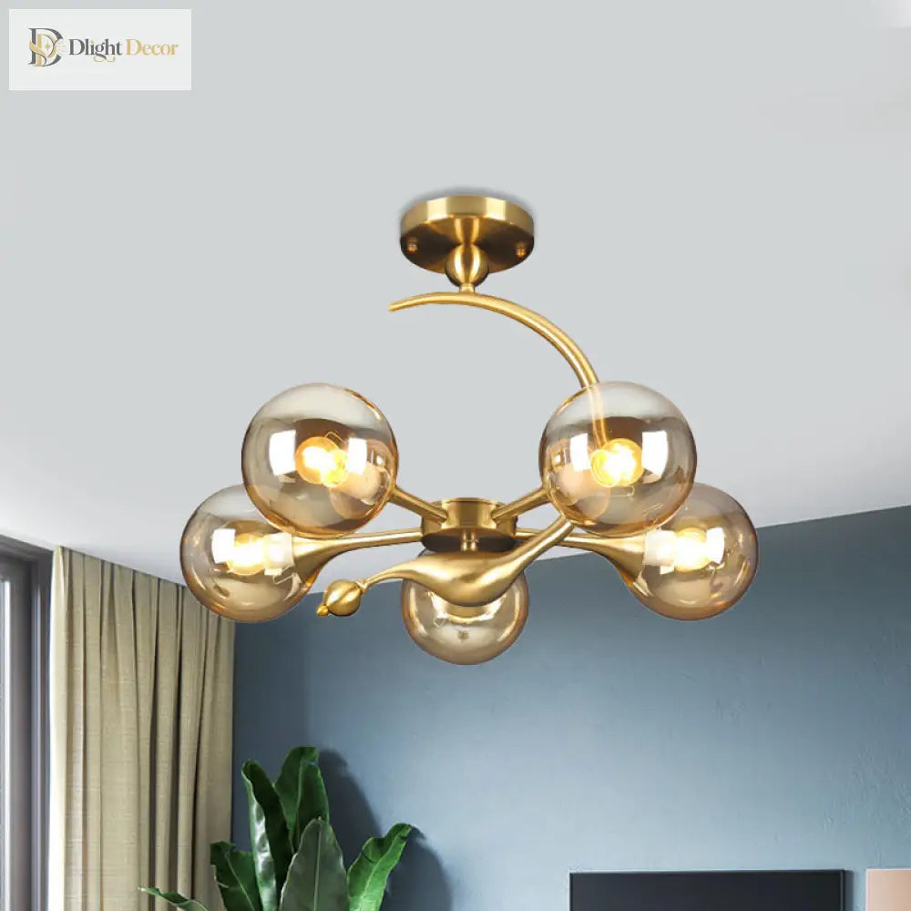 Daphne’s Mid - Century Charm: Amber Glass Orb Semi - Flush Chandelier Ceiling Light