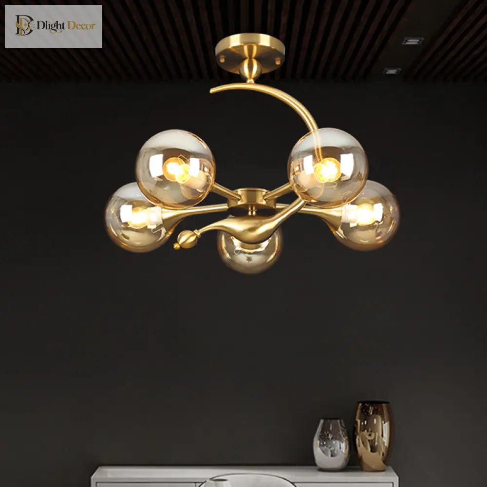 Daphne’s Mid - Century Charm: Amber Glass Orb Semi - Flush Chandelier Ceiling Light