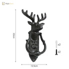 Cast iron deer head door knocker, shown with size and quantity markings