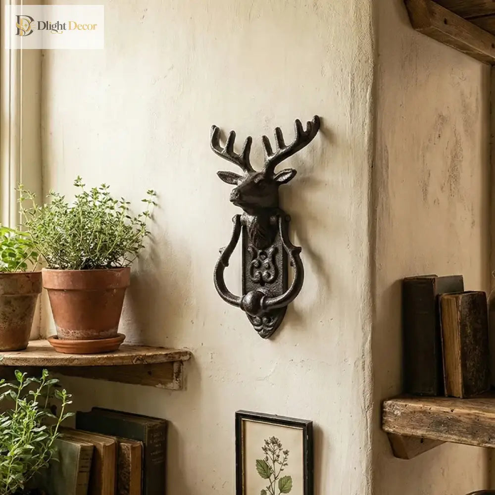 Cast iron deer head door knocker with antlers and ornate curved ring handle
