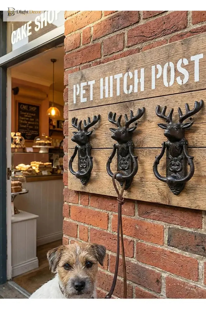 Set of three cast iron deer head door knockers mounted in a row