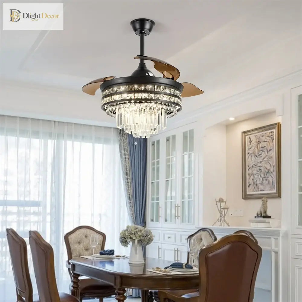 42 Inches Fandelier Ceiling Fan With Light Retractable Chandelier Invisible Blades Dimmable Crystal