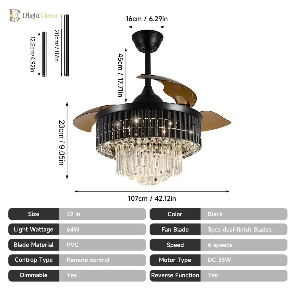 42 Inches Fandelier Ceiling Fan With Light Retractable Chandelier Invisible Blades Dimmable Crystal